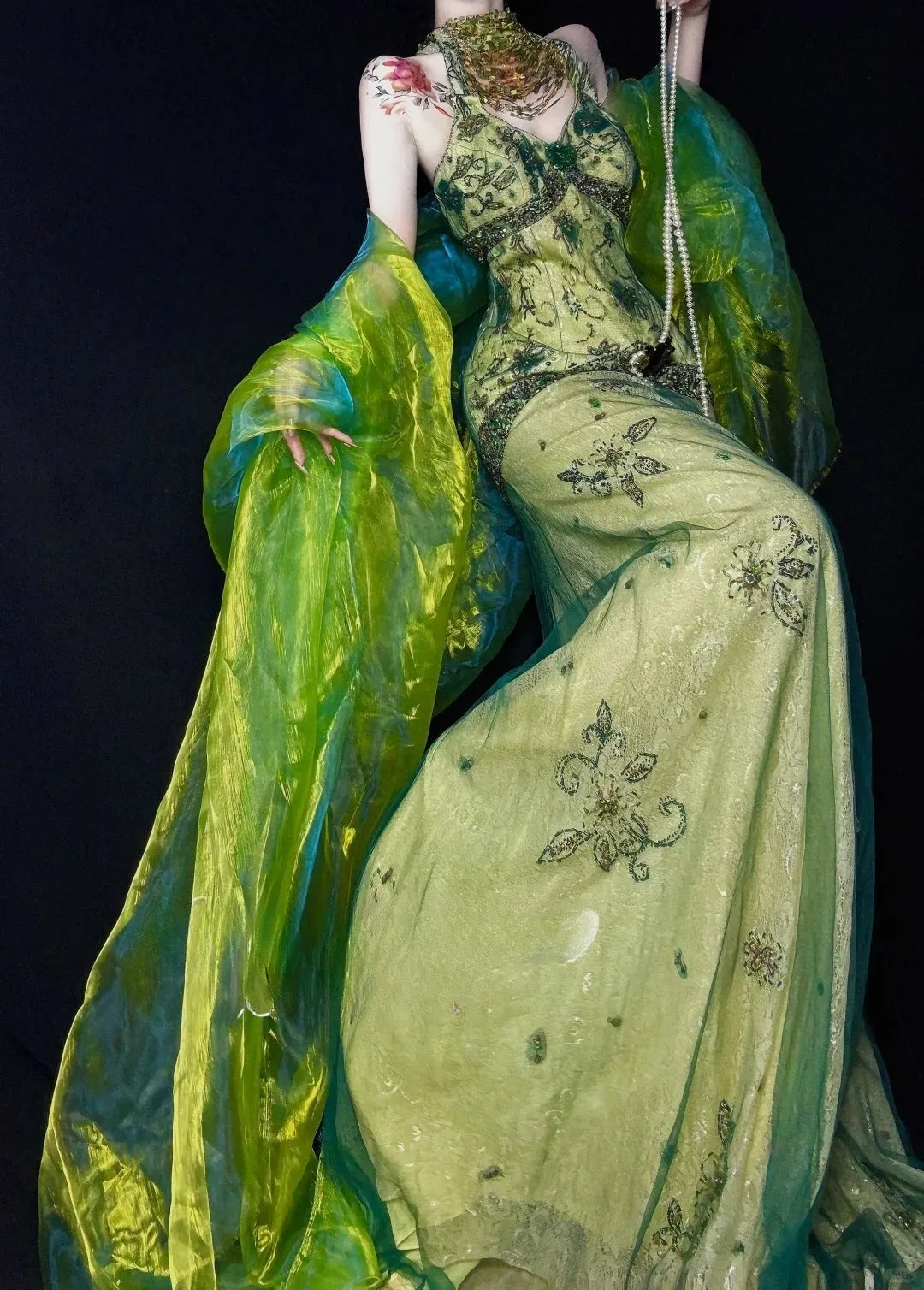 Gorgeous Green V-neck Mermaid Beaded Lace Tulle Long Prom Dresses Vintage Elegant Formal Evening Gowns HZ1108 - Image 4