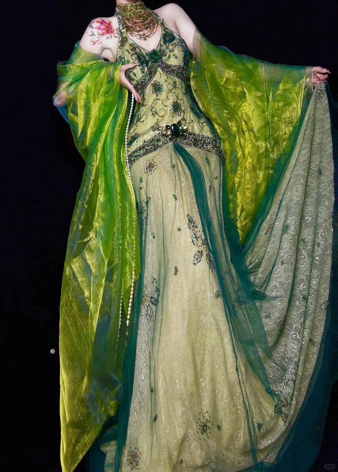 Gorgeous Green V-neck Mermaid Beaded Lace Tulle Long Prom Dresses Vintage Elegant Formal Evening Gowns HZ1108 - Image 2