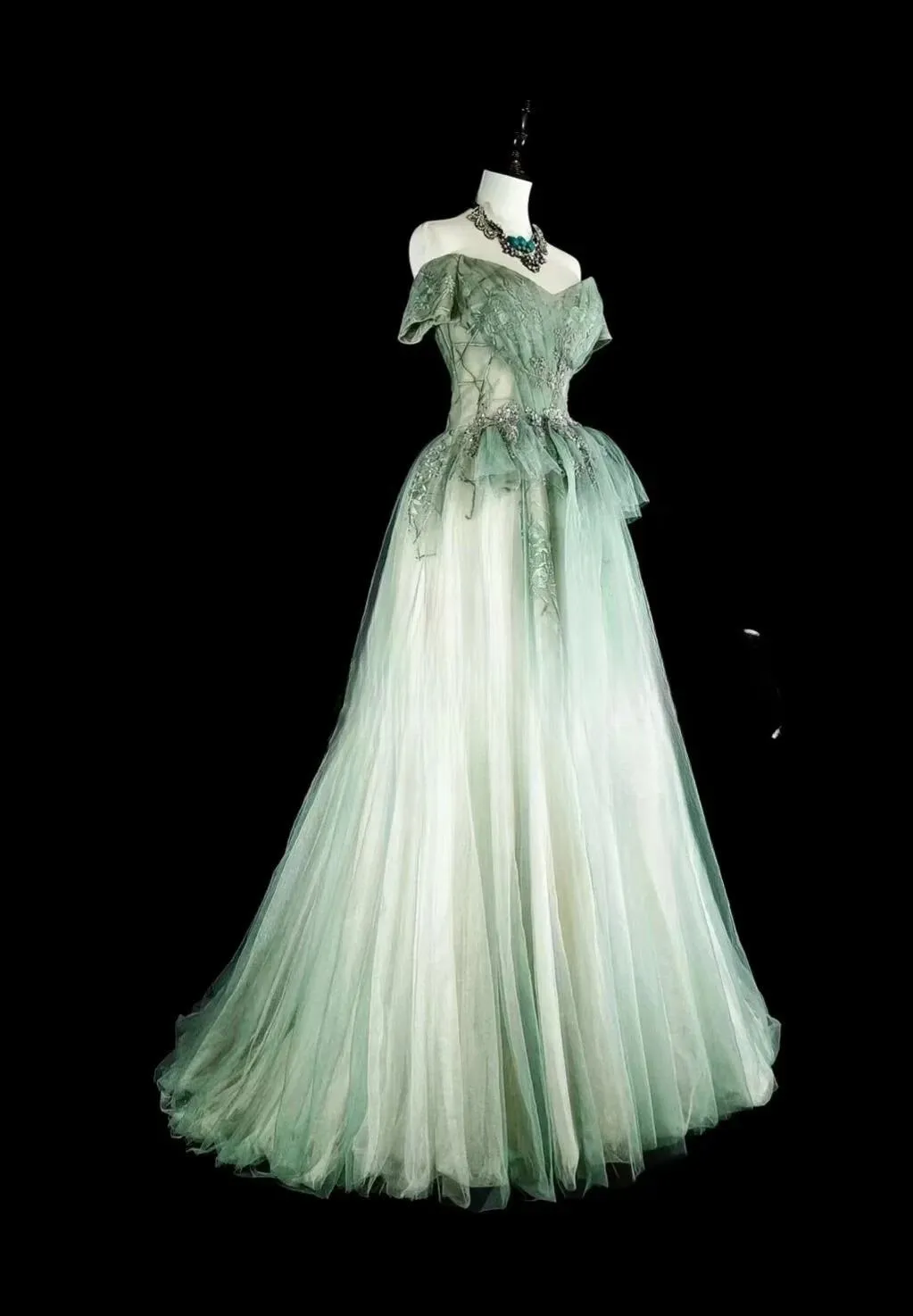 Sweet Green Off Shoulder A-Line Tulle Long Prom Dresses Formal Evening Gowns HZ1108 - Image 3