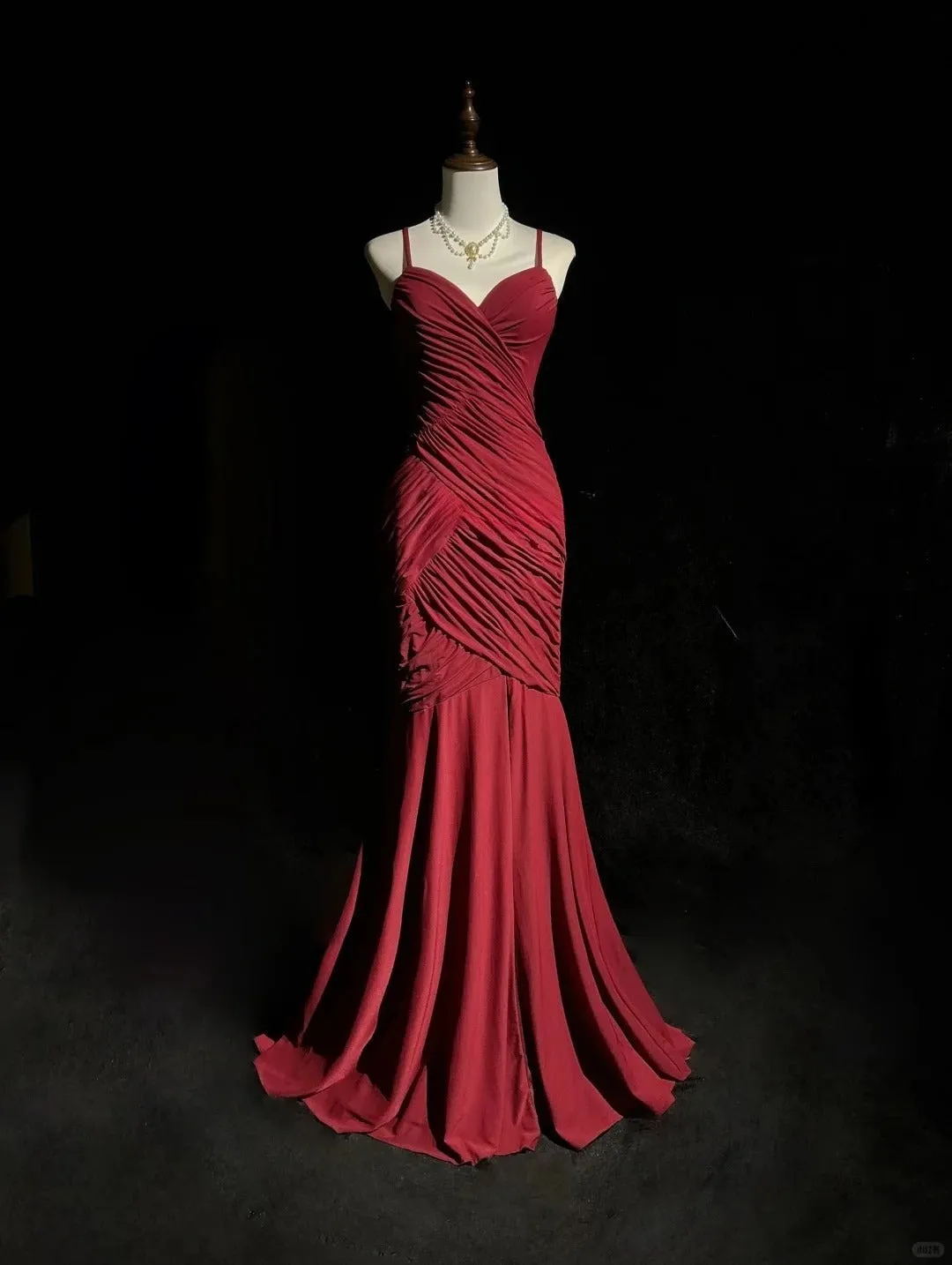 Glam Red Spaghetti Straps Mermaid Chiffon Long Prom Dresses Formal Evening Gowns HZ1108