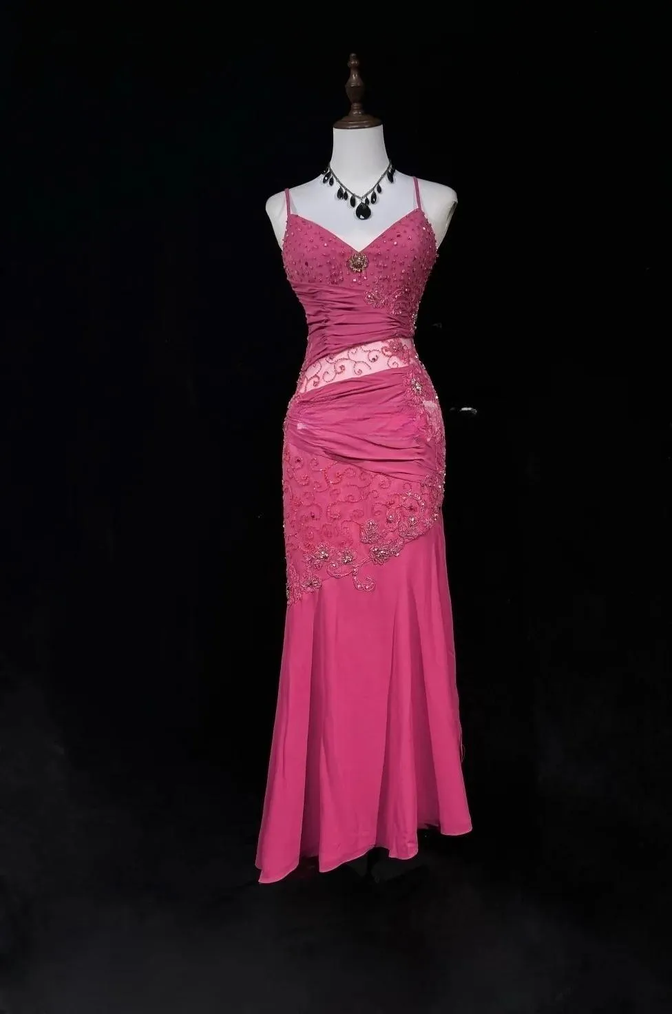 Stunning Pink Spaghetti Straps Sheath Beaded Chiffon Prom Dresses Formal Evening Gowns HZ1108