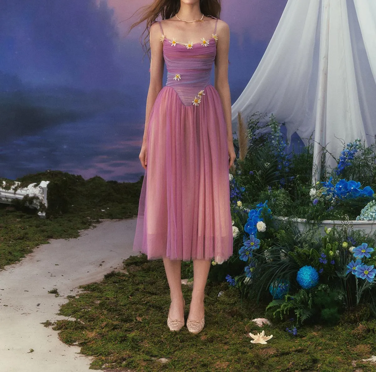 Fairytale Purple A-Line Spaghetti Straps Tulle Prom Dresses Formal Evening Gowns with 3D Appliques HZ1108