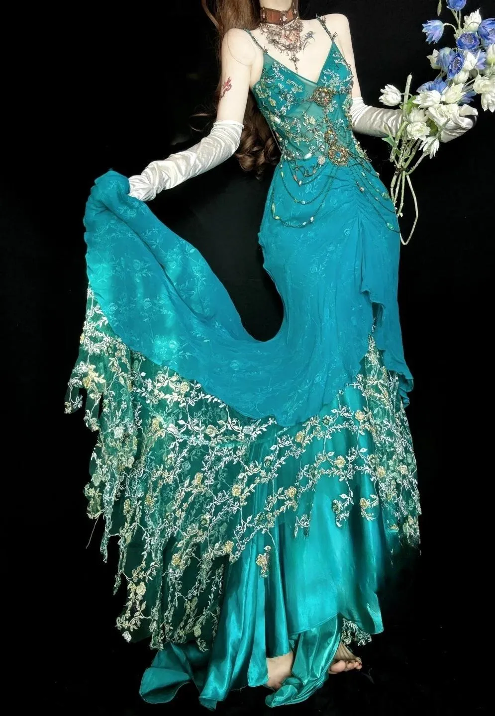 Gorgeous Blue Mermaid Spaghetti Straps Chiffon Appliques Long Prom Dresses Formal Evening Gowns HZ1108