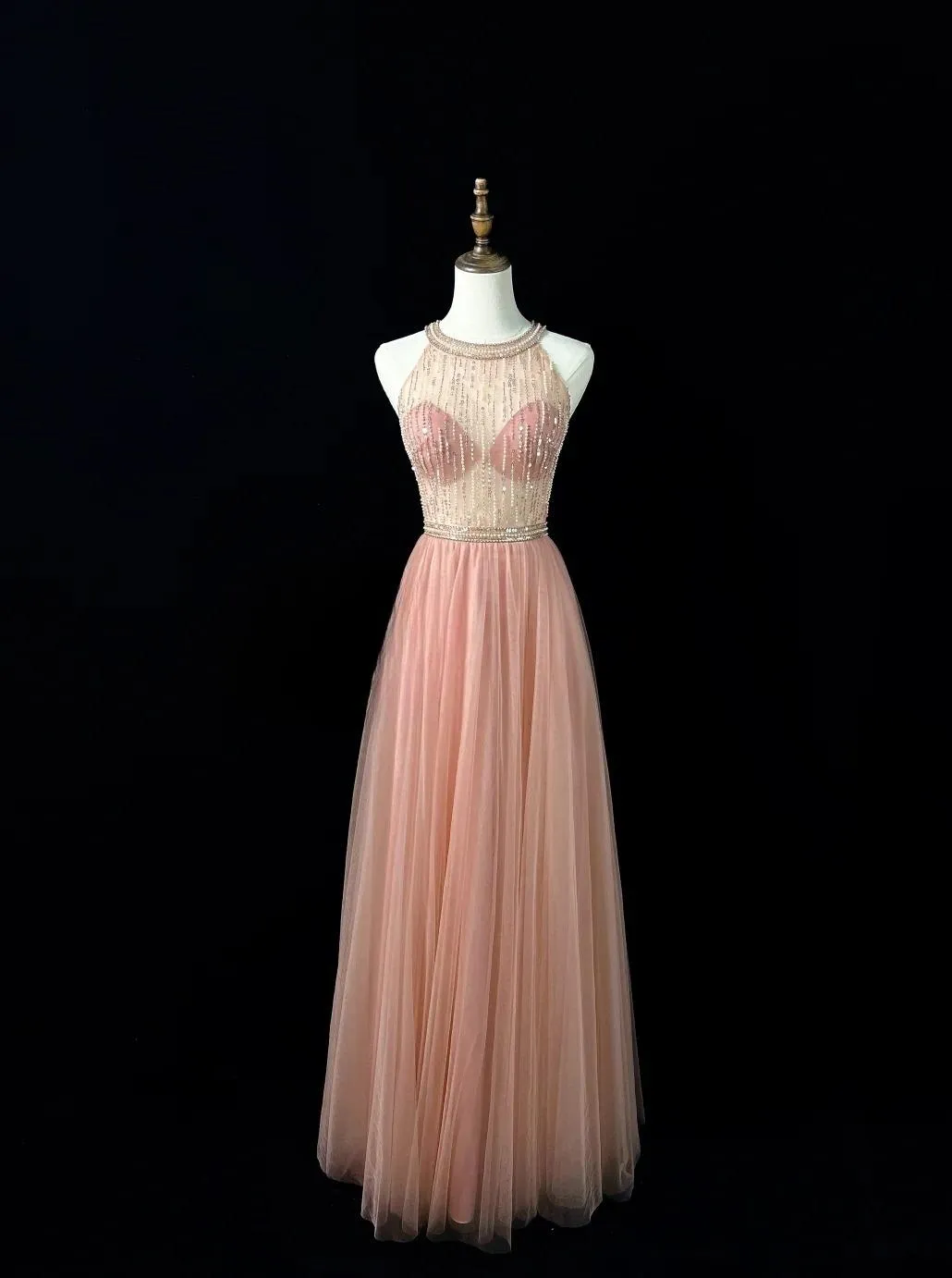 Sweet Blush Pink Round Neck A-Line Tulle Beaded Long Prom Dresses Birthday Evening Gowns HZ1108
