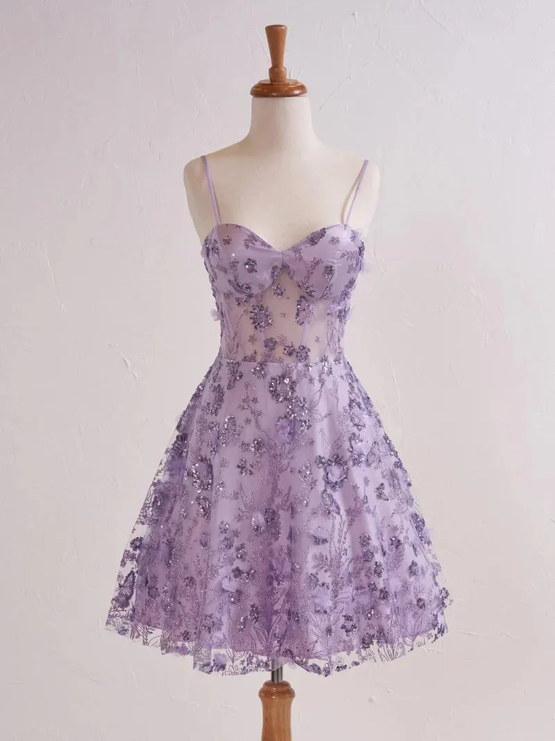 Gorgeous Lavender Spaghetti Straps A-Line Tulle Applique Short Prom Dresses Homecoming Dress with Sequins HZ1108