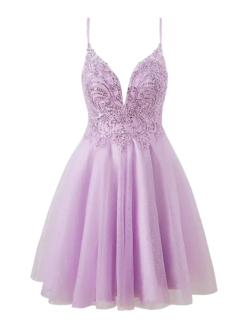 Stunning Lilac Spaghetti Straps A-Line Tulle Applique Short Prom Dresses HZ1108