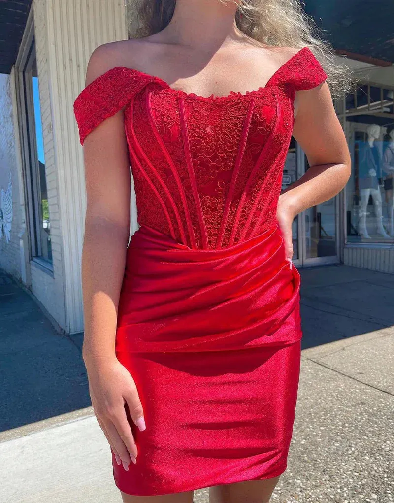 Gorgeous Red Off Shoulder Bodycon Applique Satin Short Prom Dresses Homecoming Dress HZ1108