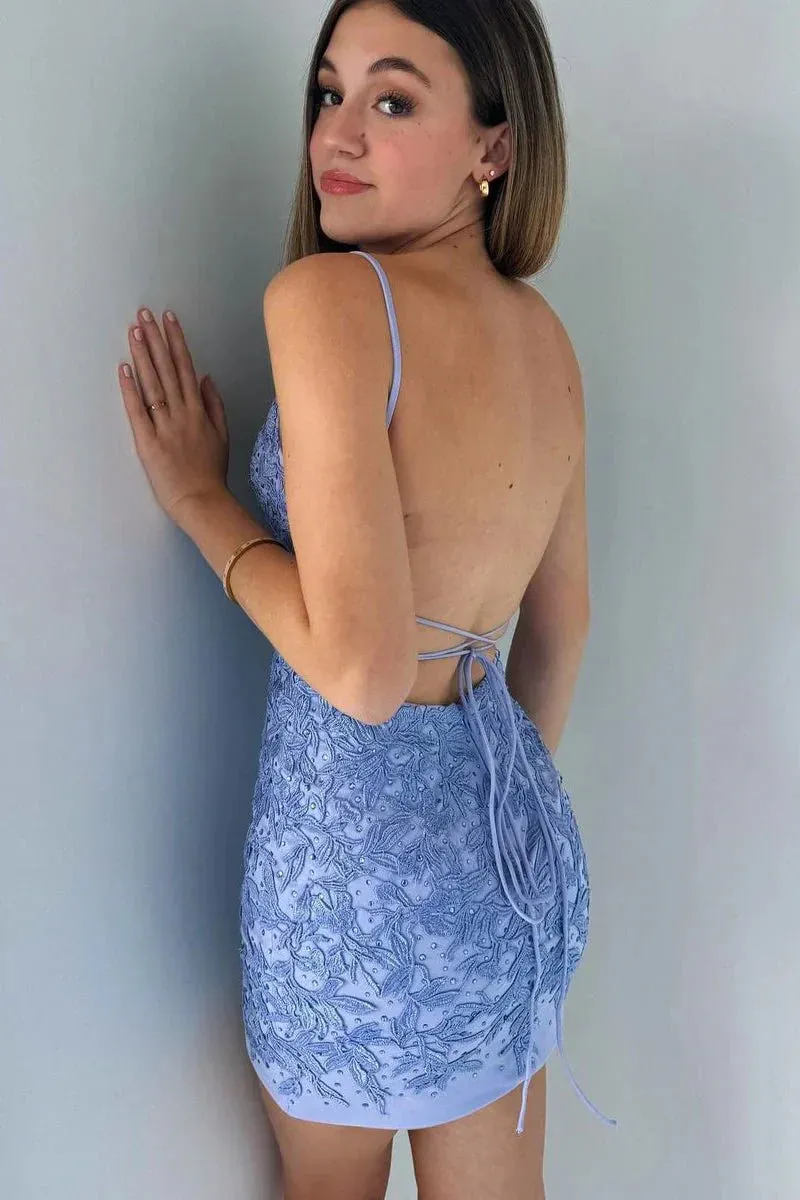 Gorgeous Blue Spaghetti Straps Bodycon Lace Applique Short Prom Dresses Homecoming Dress HZ1108