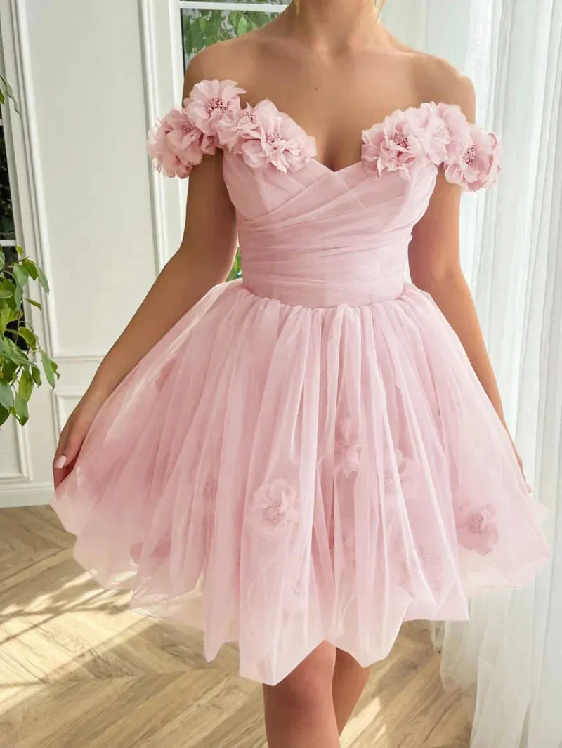 Elegant Pink Off-the-shoulder A-Line Tulle Short Prom Dresses Homecoming Dress HZ1108