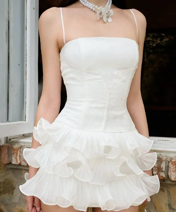 Simple White Spaghetti Straps A-Line Lace Tulle Short Prom Dresses Homecoming Dress HZ1108