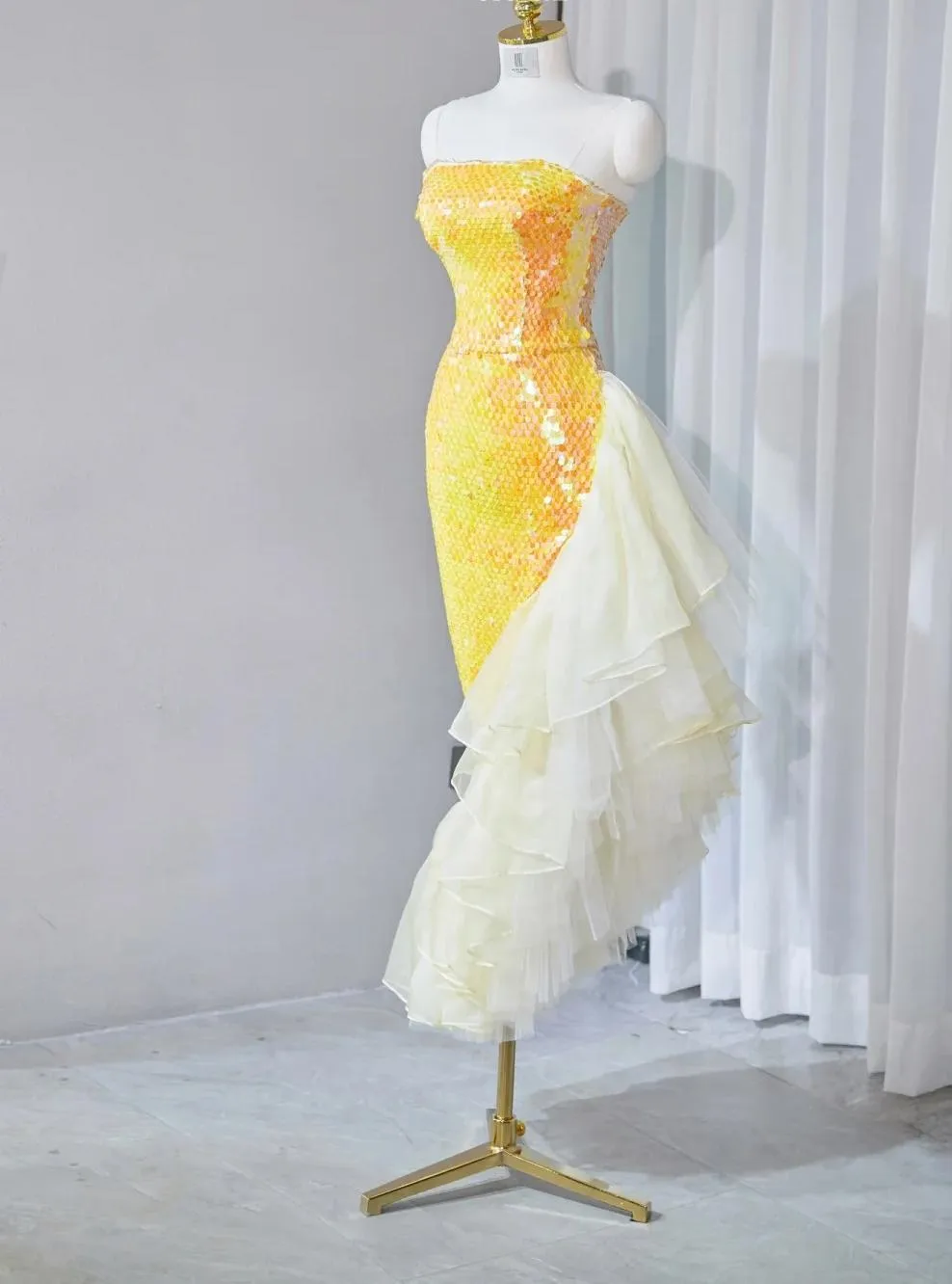 Gorgeous Bright Yellow Strapless Mermaid Sequined Tulle Long Prom Dresses Formal Evening Gowns HZ1108 - Image 2