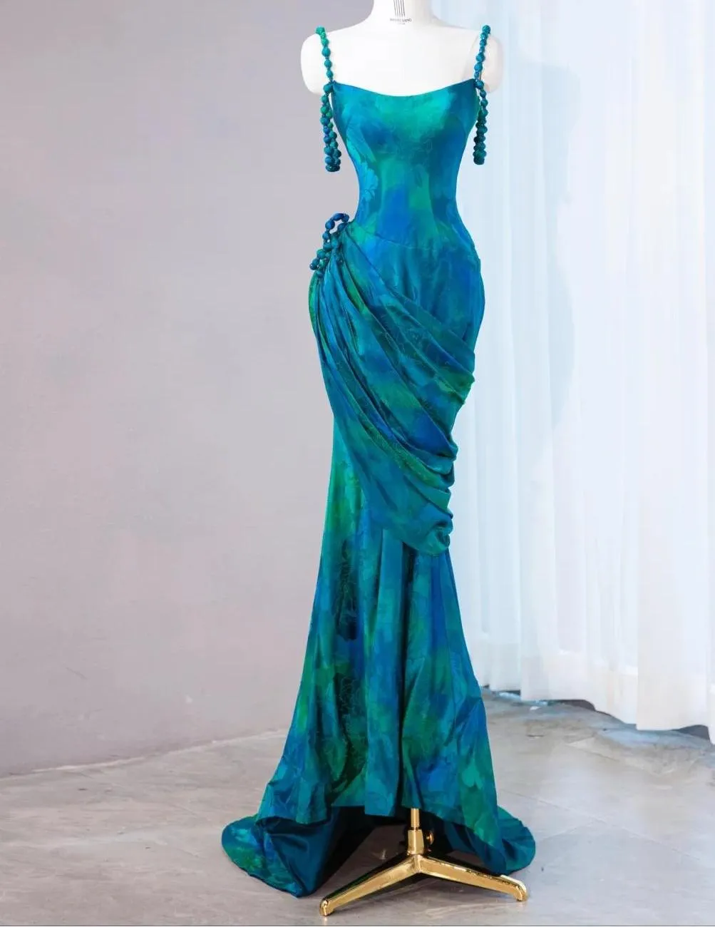 Stunning Turquoise Scoop Mermaid Jacquard Satin Long Prom Dresses Elegant Formal Evening Gowns HZ1108