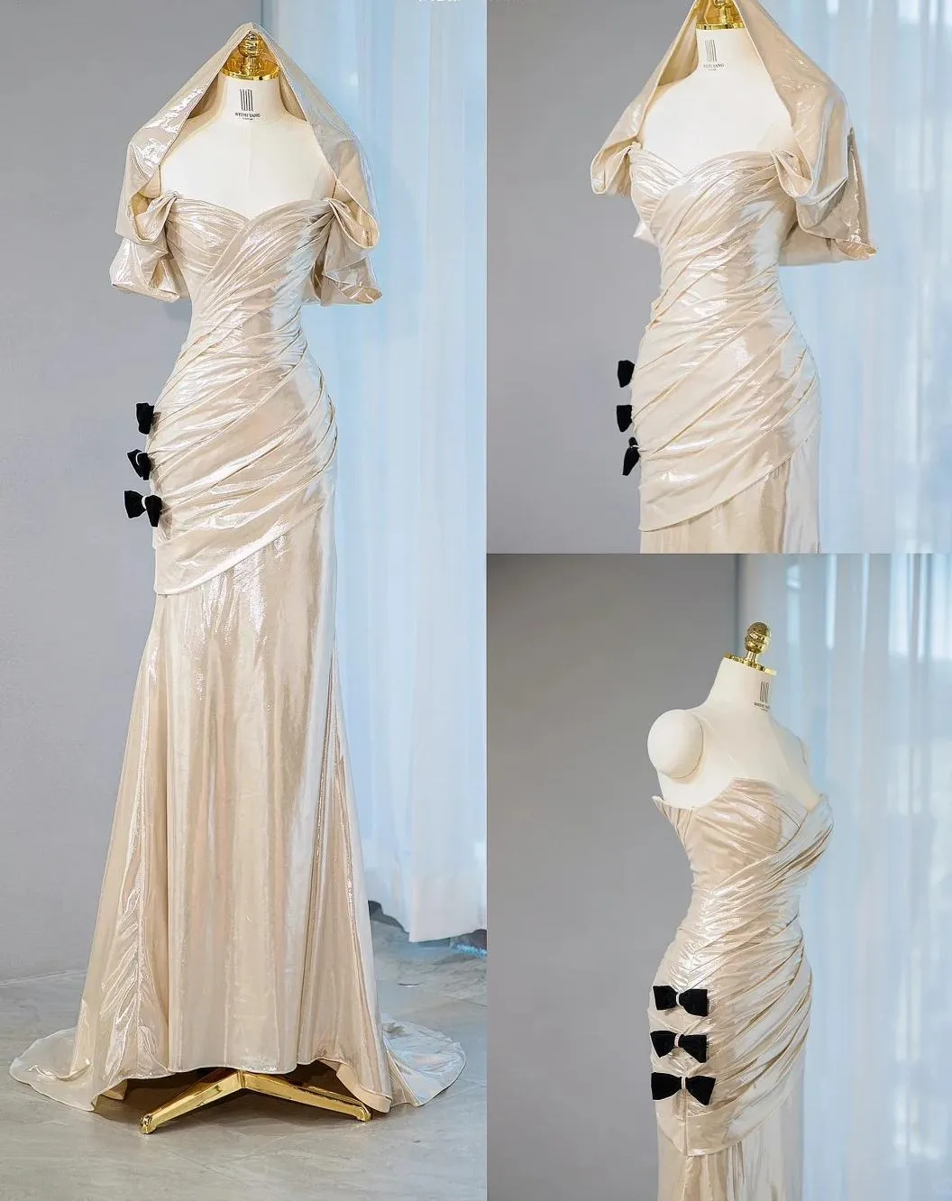 Elegant Champagne V-neck Mermaid Glitter Satin Long Prom Dresses Fashion Formal Evening Gowns HZ1108