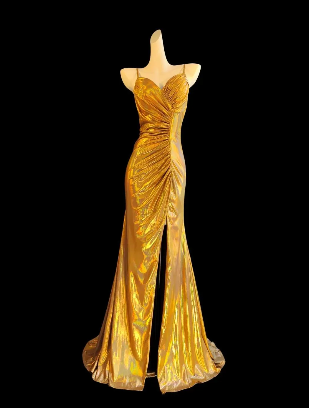 Gorgeous Gold Spaghetti Straps Mermaid Satin Long Prom Dresses Backless Evening Gowns With Slit HZ1108