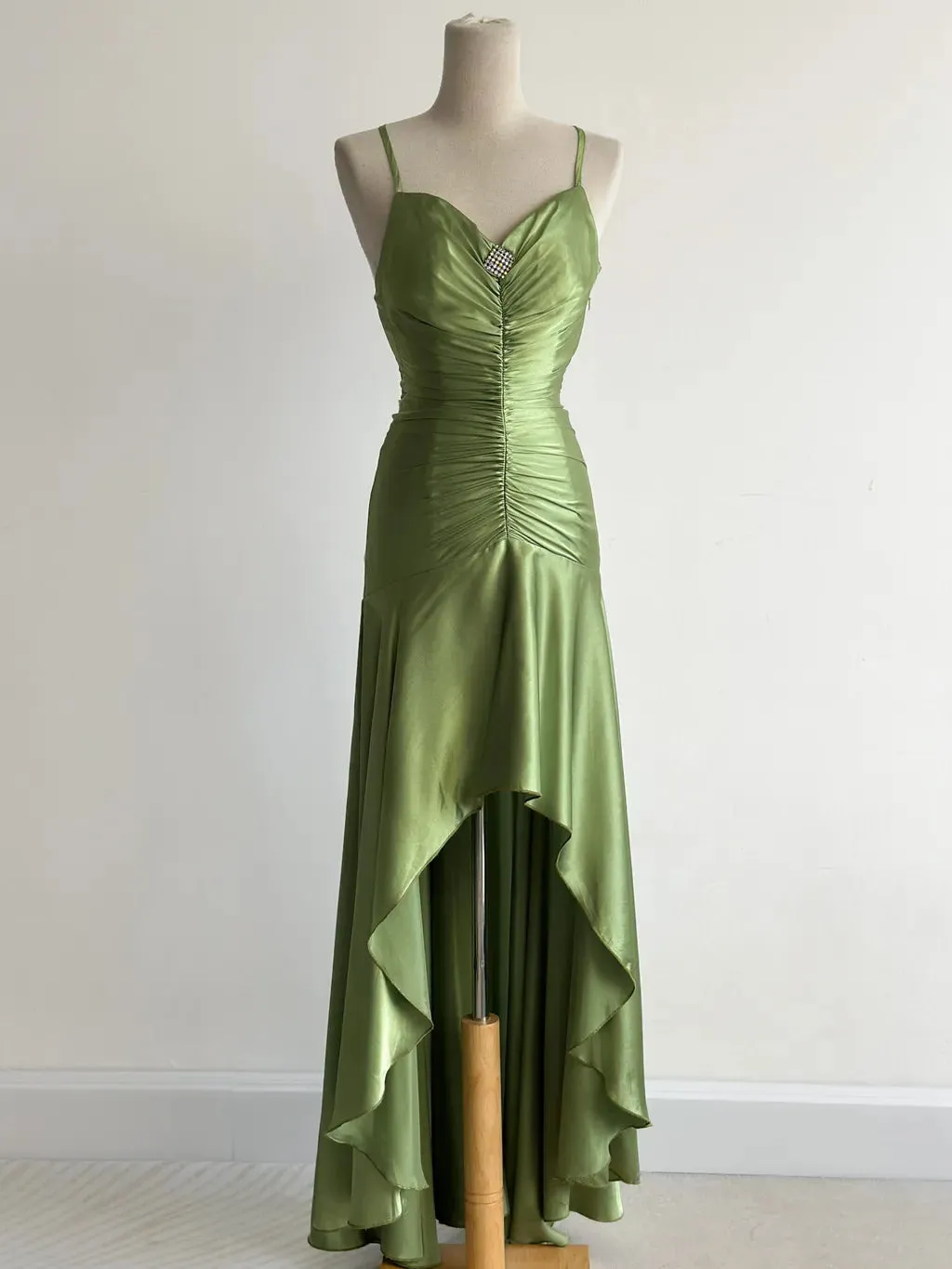 Vintage Green Spaghetti Strap Bodycon Satin Hi-Lo Long Prom Dresses Formal Evening Gowns HZ1108
