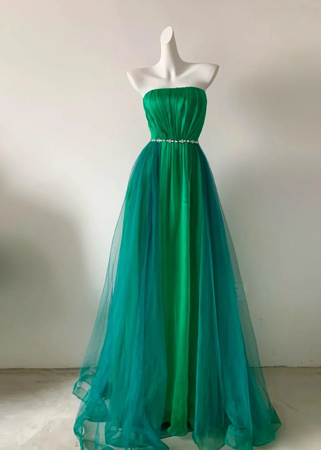 Fairy Green Strapless A-Line Chiffon Tulle Long Prom Dresses Formal Evening Gowns HZ1108