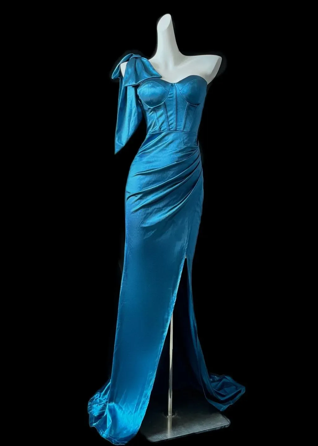 Stunning Blue One Shoulder Mermaid Satin Long Prom Dresses Formal Evening Gowns With Slits HZ1108