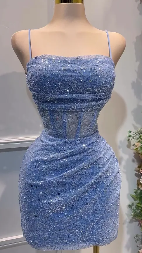 Sexy Glitter Blue Spaghetti Straps Bodycon Tulle Lace Short Prom Dresses Birthday Party Dress with Sequins HZ1108