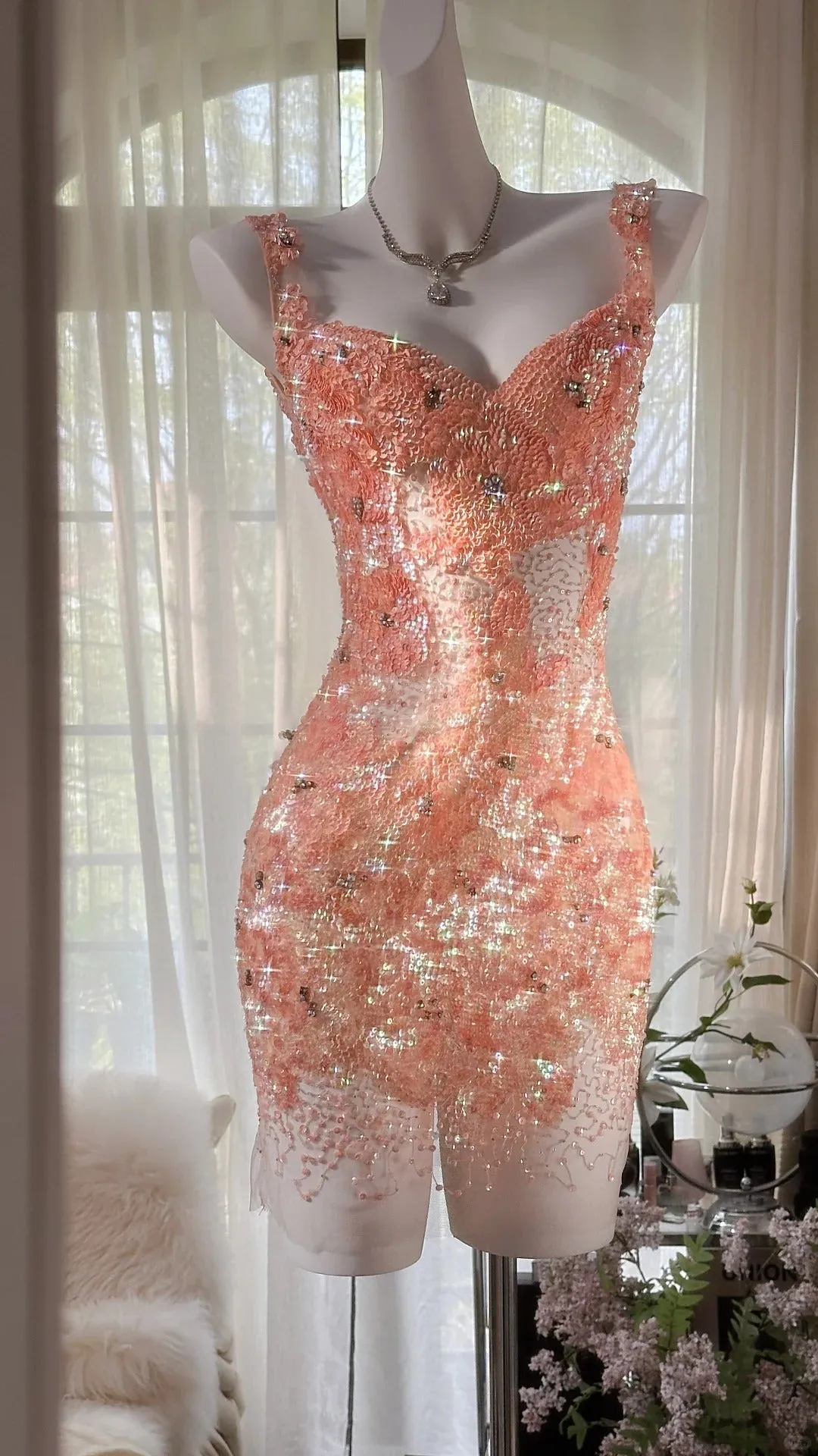 Gorgeous Orange Pink V-Neck A-Line Beaded Short Prom Dresses HZ1108