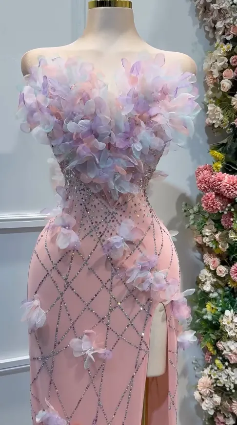 Stunning Pink Strapless Bodycon Chiffon Sequin Long Prom Dresses Formal Evening Gowns with Appliques HZ1108