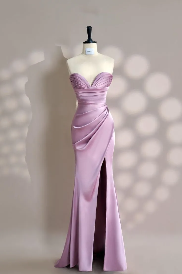 Elegant Pink Sweetheart Neck Mermaid Satin Long Prom Dresses Formal Evening Gowns with Slits HZ1108