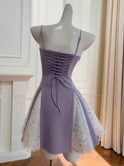 Gorgeous Lavender Spaghetti Straps A-Line Satin Short Prom Dresses Glitter Tulle Homecoming Dresses with Bows HZ1108 - Image 2