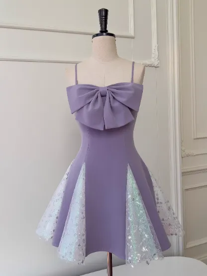 Gorgeous Lavender Spaghetti Straps A-Line Satin Short Prom Dresses Glitter Tulle Homecoming Dresses with Bows HZ1108
