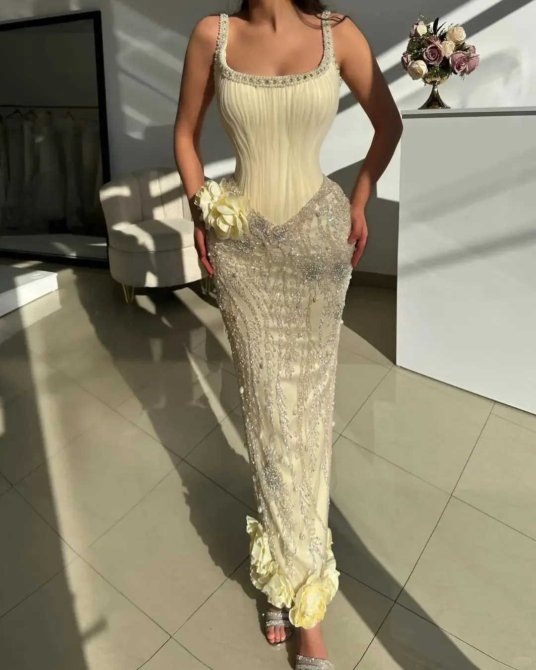 Fashion Butter Yellow Square Neck Sheath Chiffon Beaded Long Prom Dresses Formal Evening Gowns HZ1108