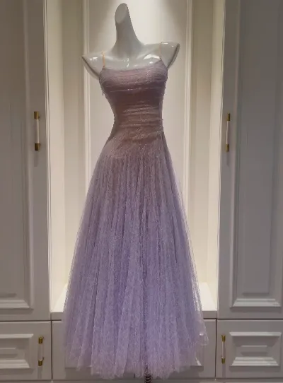Fairytale Purple Spaghetti Straps A-Line Lace Tulle Long Prom Dresses Gorgeous Birthday Evening Gowns HZ1108
