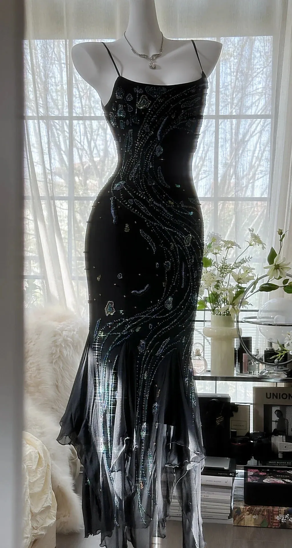 Vintage Black Spaghetti Straps Mermaid Chiffon Beading Prom Dresses Formal Evening Gowns HZ1108