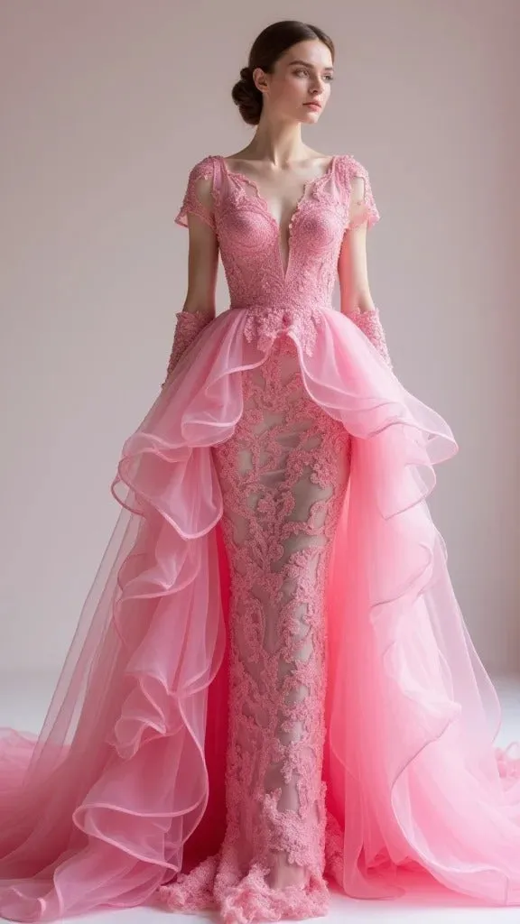 Gorgeous Pink V Neck Sheath Tulle Long Prom Dresses Wedding Dresses Lace Appliques Formal Evening Dresses HZ1108