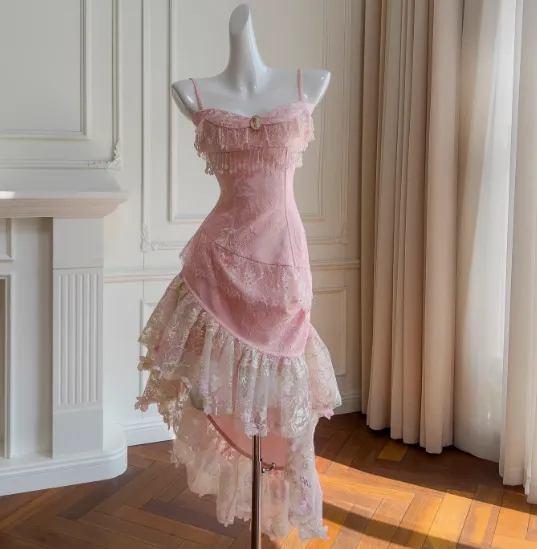 Sweet Pink Spaghetti Straps A-Line Satin Jacquard Lace Short Prom Dresses Homecoming Dresses with Beading HZ1108