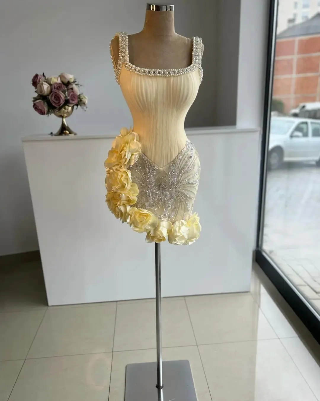 Fashion Butter Yellow Square Neck Bodycon Beaded Tulle Short Prom Dresses Gorgeous Homecoming Dresses HZ1108