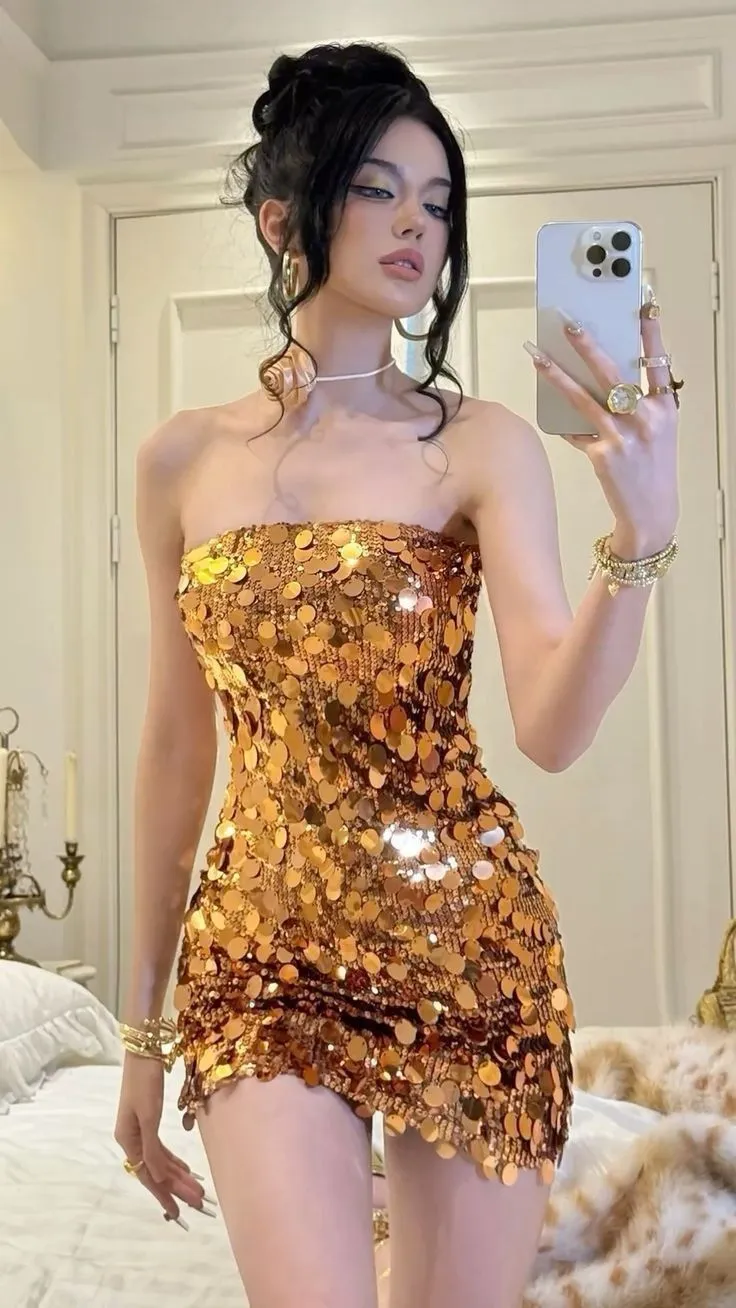Gorgeous Gold Strapless Bodycon Sequin Short Party Dresses Homecoming Dresses HZ1108