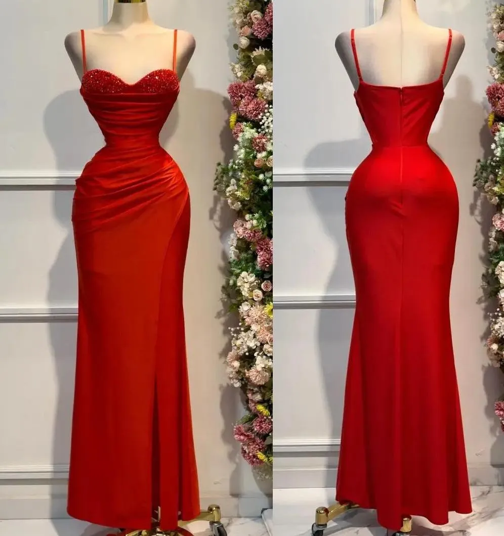 Elegant Red Spaghetti Straps Mermaid Satin Beaded Long Prom Dresses Formal Evening Gowns HZ1108