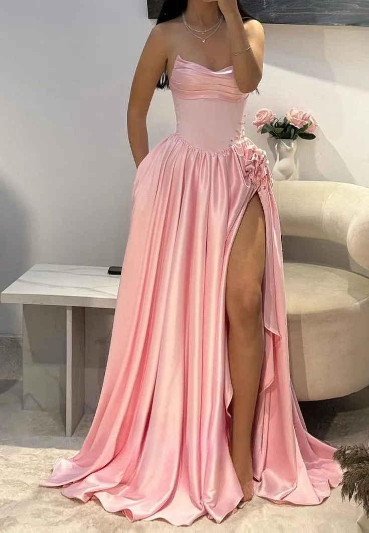 Sweet Strapless Pink A-Line Satin Long Prom Dresses Formal Evening Gowns with Slits HZ1108