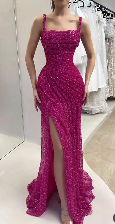 Gorgeous Fuchsia Square Neck Mermaid Sequin Long Prom Dresses Formal Evening Gowns with Slits HZ1108
