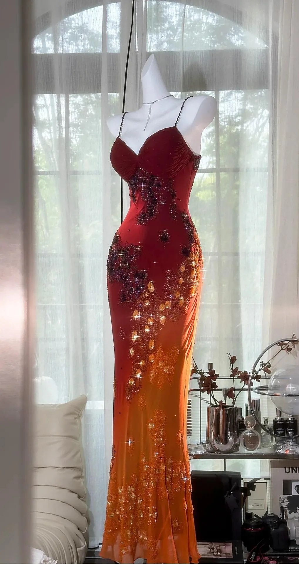 Stunning Ombre Spaghetti Straps Bodycon Chiffon Beading Long Prom Dresses Formal Evening Gowns HZ1108