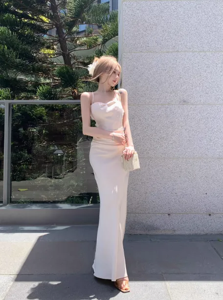 Elegant Apricot Spaghetti Straps Mermaid Satin Party Dress HZ1108