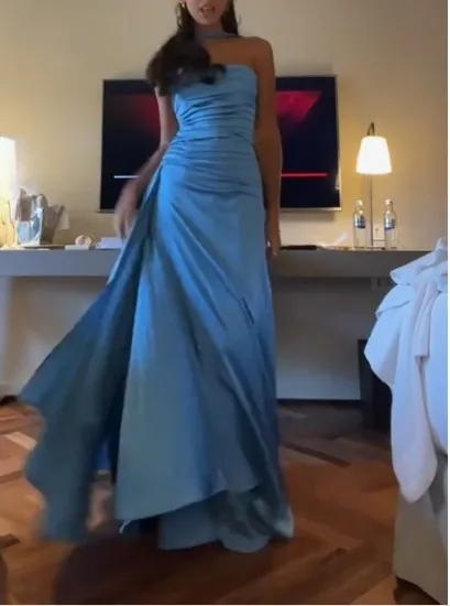 Elegant Blue Strapless Sheath Satin Long Prom Dresses Formal Evening Gowns HZ1108