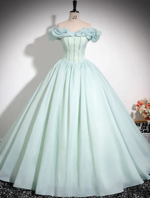 Mint Green A-line Off-shoulder Organza Beaded Long Prom Dress, Sweet 16 Dress HZ1108