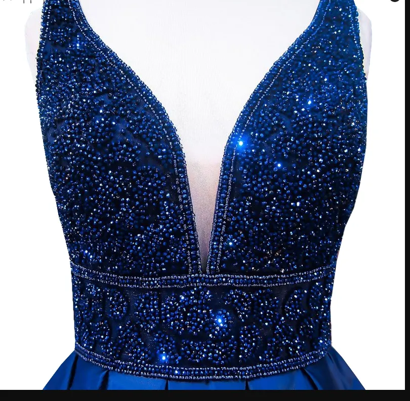 Diynav Women's Long Evening Dress Navy Blue V-Neck Sleeveless Open Back Beaded Formal Evening Dress HZ1017