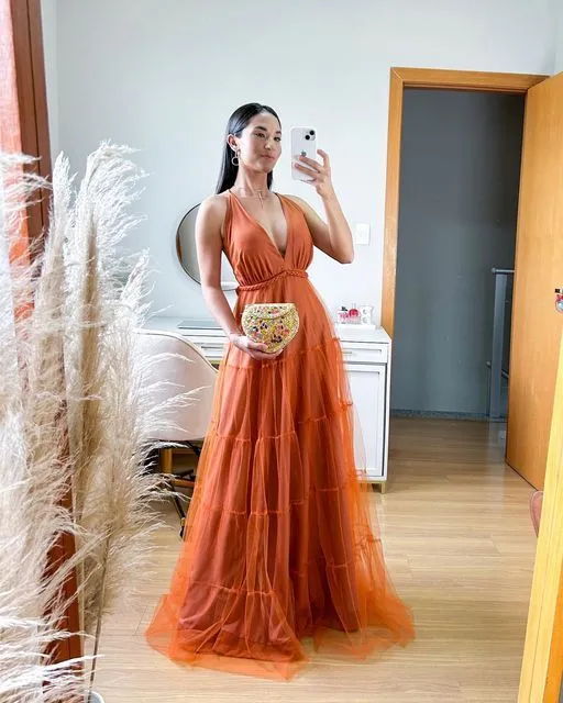 Diynav Line Orange Formal Evening Dress Prom Party Long Gown HZ1017