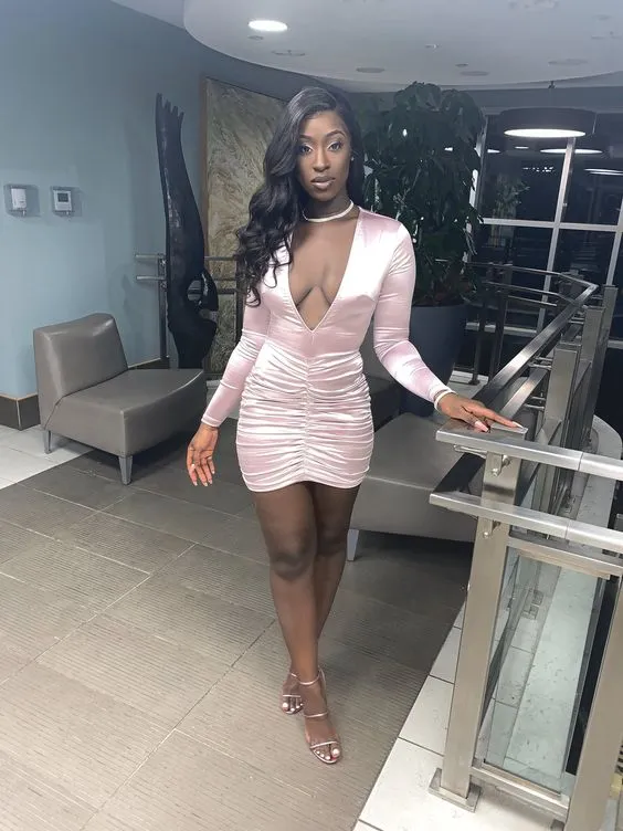 Diynav Deep V Neck Pink Homecoming Dress with Long Sleeves HZ1017