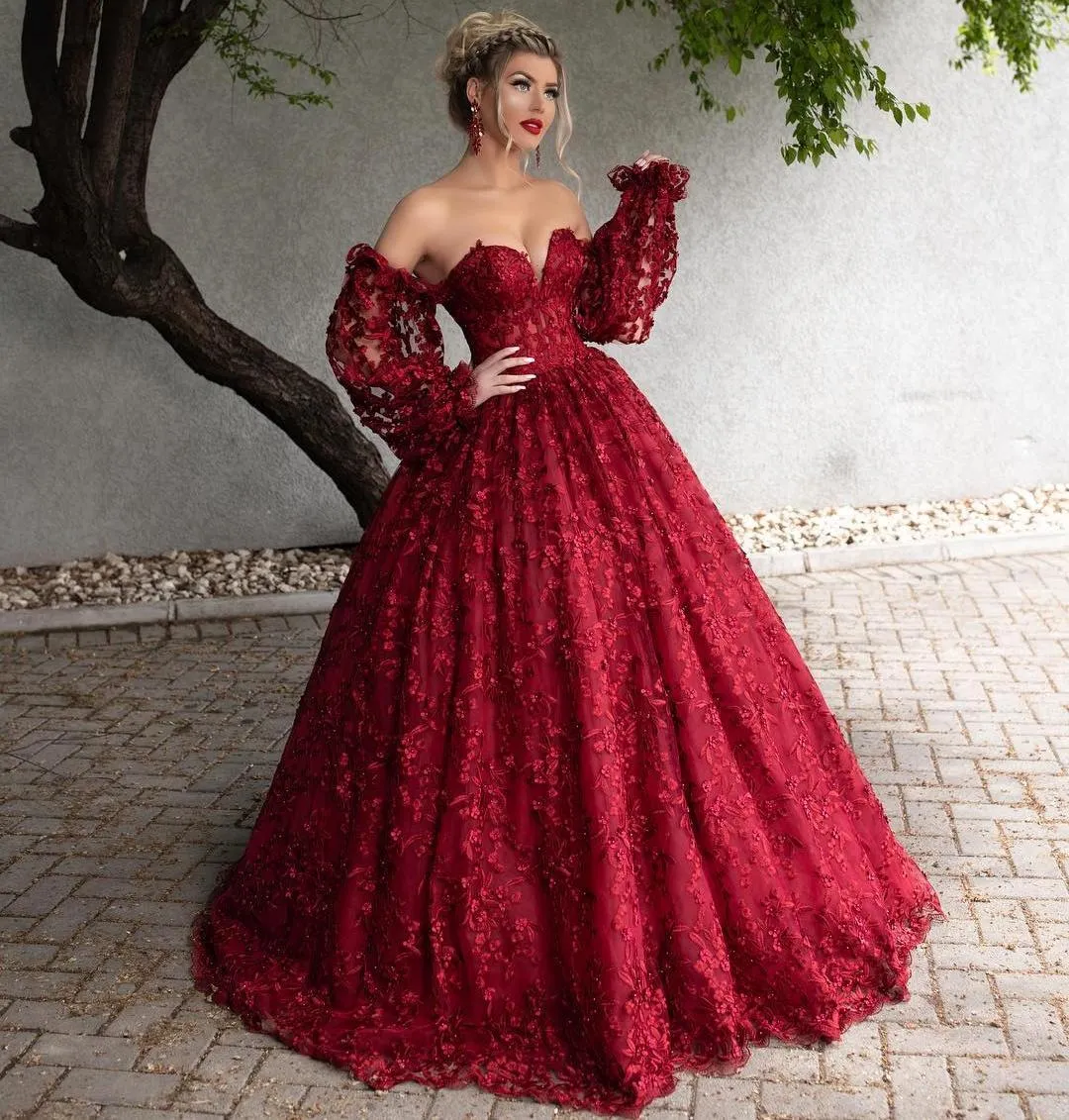 Diynav Red Lace Beaded Prom Dresses Off The Shoulder Long Sleeves Formal Dress Floor Length A Line Plus Size Evening Gowns HZ1017