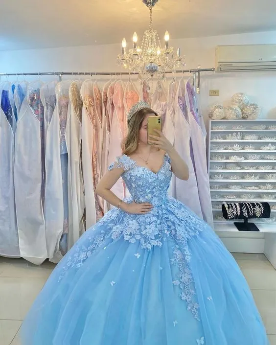 Diynav The Shoulder Blue Tulle Appliques Ball Gown Sweet 16 Dress HZ1017