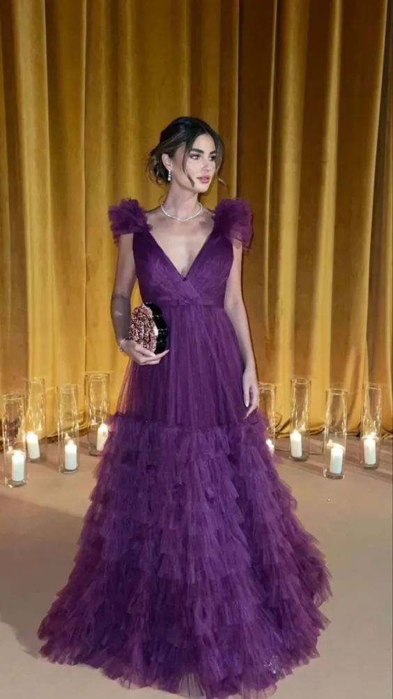 Diynav Purple A-line V Neck Tulle Evening Dress HZ1017