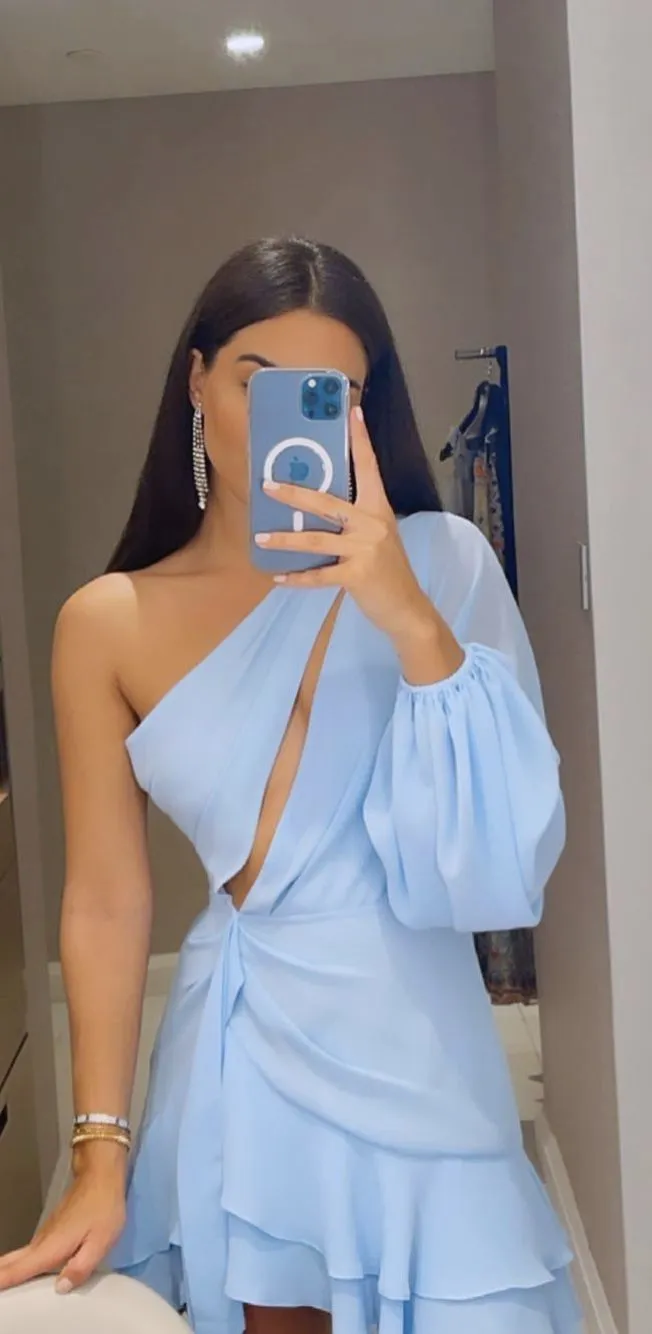 Diynav Short One Shoulder Chiffon Homecoming Dress A-Line Sky Blue Ruffled Cocktail Party Dress HZ1017