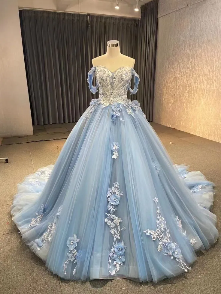 Diynav Gown Blue Prom Dresses Lace Tulle Off Shoulder Evening Party Dress HZ1017