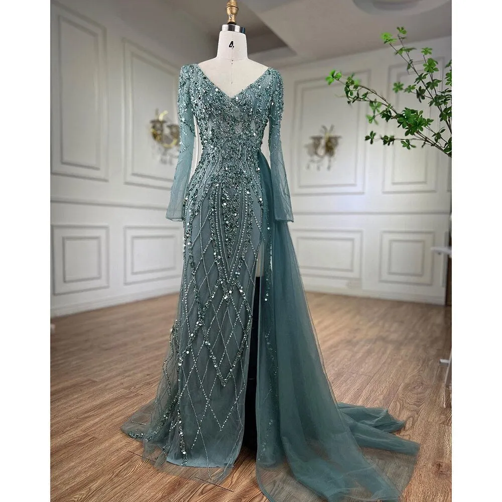 Diynav Turquoise High Split Meramid Long Sleeves Evening Dress with Beaded For Women Wedding Party HZ1017